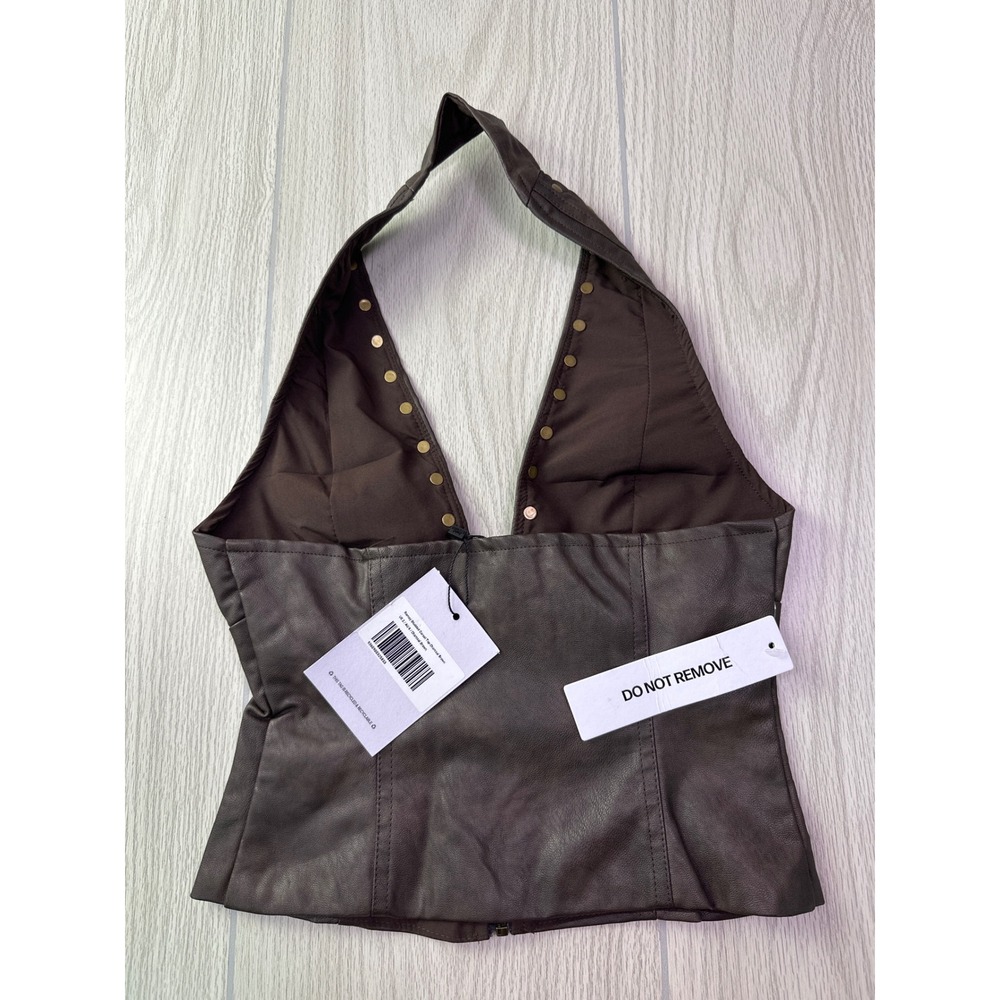 Princess Polly Raney Studded Corset Top Charcoal Brown Faux Leather Halter US 2 - Picture 4 of 7